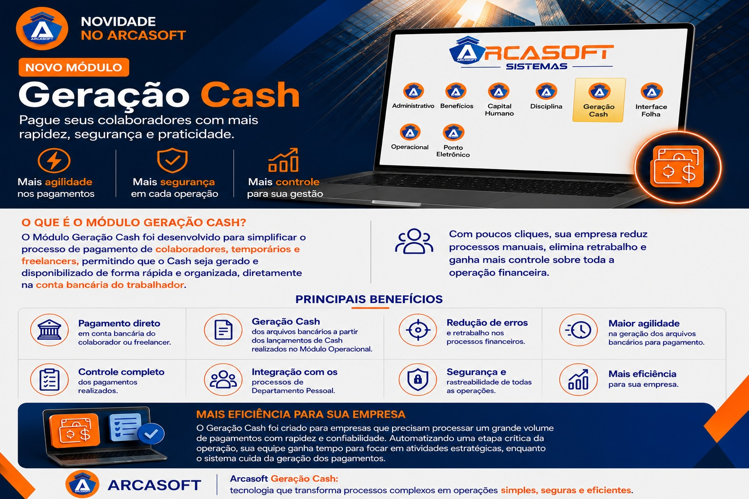 Módulo Geração Cash Arcasoft - Pagamentos organizados do lançamento ao depósito em conta
